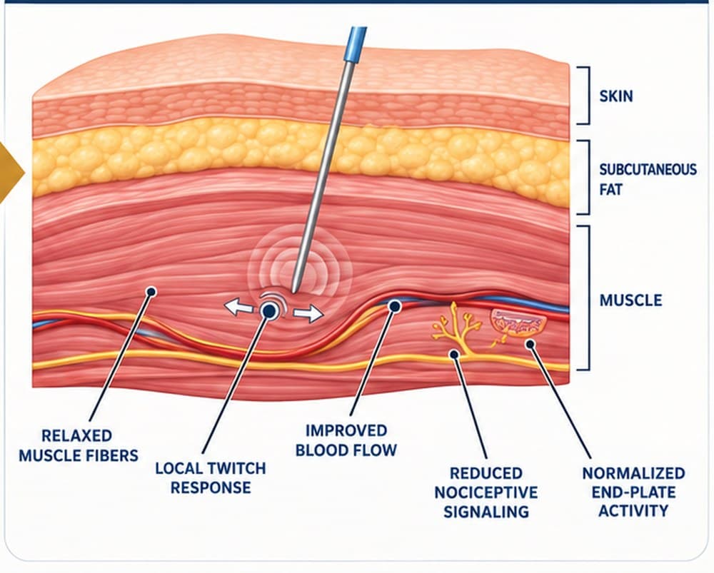 The same muscle after needle insertion: relaxed fibres, a local twitch response, improved blood flow, reduced nociceptive signalling and normalized end-plate activity