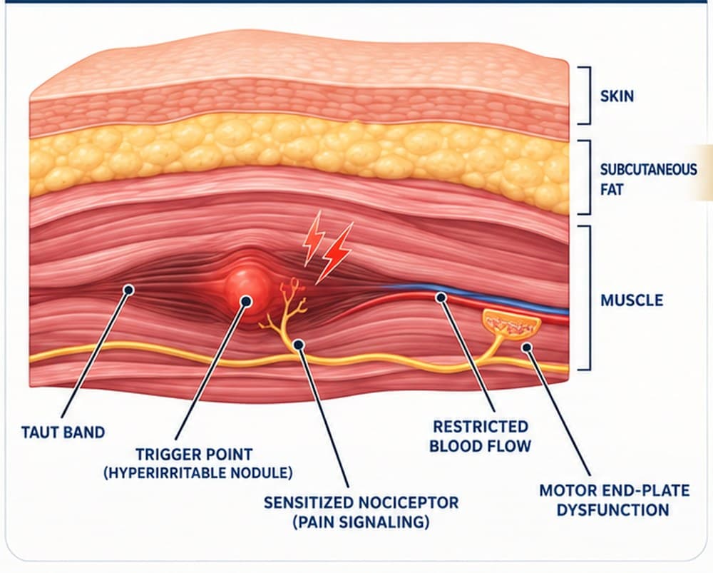 Muscle tissue with a myofascial trigger point: a taut band, a hyperirritable nodule, restricted blood flow, a sensitized pain receptor and motor end-plate dysfunction