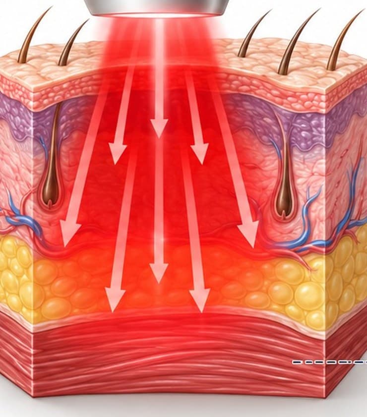 The same cross-section with a contact-free Class IV laser, its beam reaching through the dermis and fat into muscle