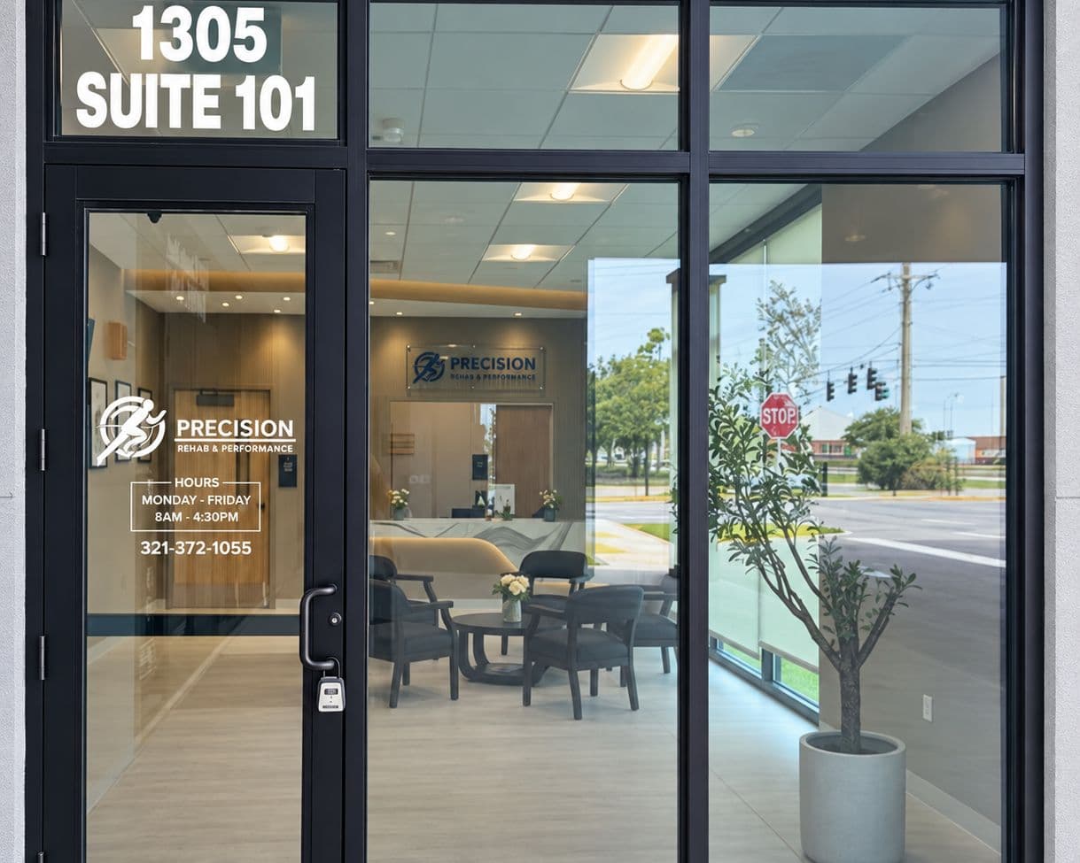 The ground-floor glass entrance, lettered with the clinic name, hours and phone number