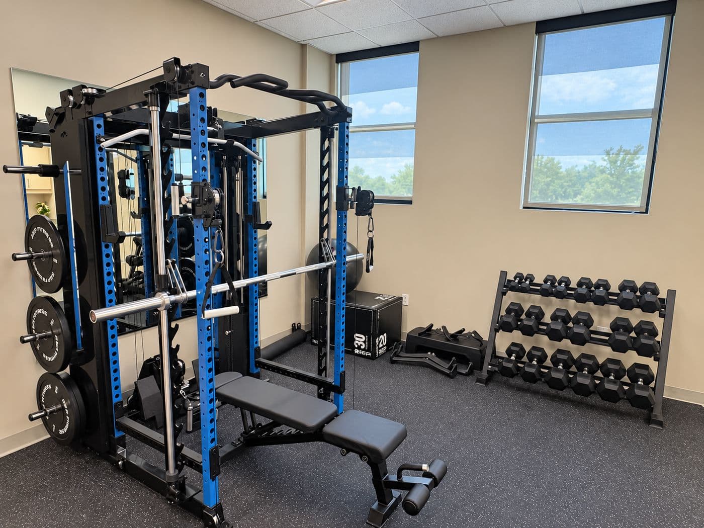 The performance space, with a rack, a bench and a rack of dumbbells