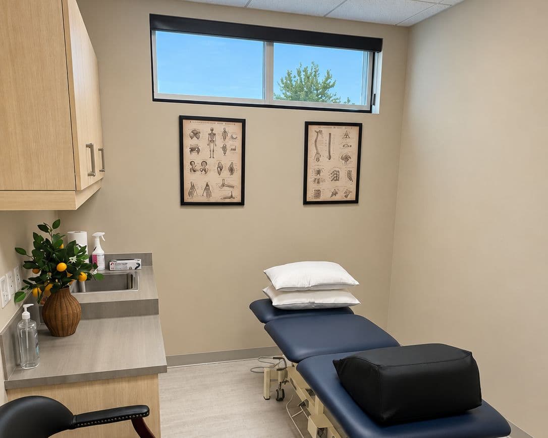 A private treatment room with a treatment table, anatomy charts and a window